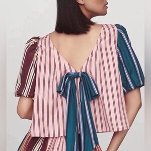 Maeve Taffeta Multicolor Striped Swing Blouse Bow Back Detail Anthropologie XS